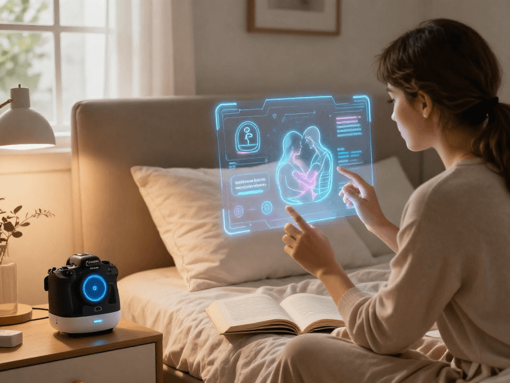 Exploring ai sex through innovative technology in a modern bedroom, featuring AI device and cozy decor.