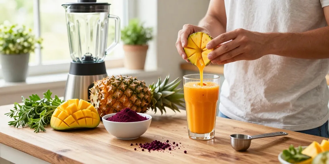 Camu camu powder being used in a smoothie preparation in a bright kitchen, showcasing vibrant fruits and a healthy lifestyle.