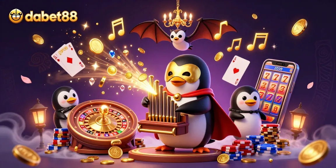 Dabet88 showcases a fun 3D gambling scene with a penguin organist and magical themes, featuring casino elements.