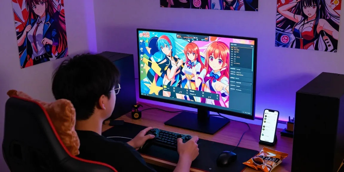 Player enjoying game ecchi with vibrant visuals in a cozy gaming setup.