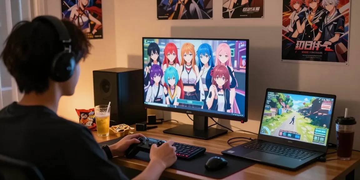 Engaged player enjoying femboy hentai games on a colorful computer screen in a vibrant bedroom setting.