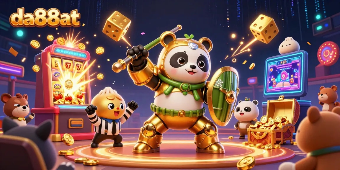 Experience thrilling gameplay at da88at with a dynamic scene of a golden panda piloting a robot in a gambling arena.