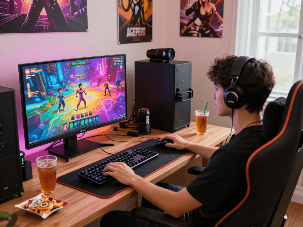 Engaged gamer enjoying interactive porngames on a vibrant screen in a cozy setup.