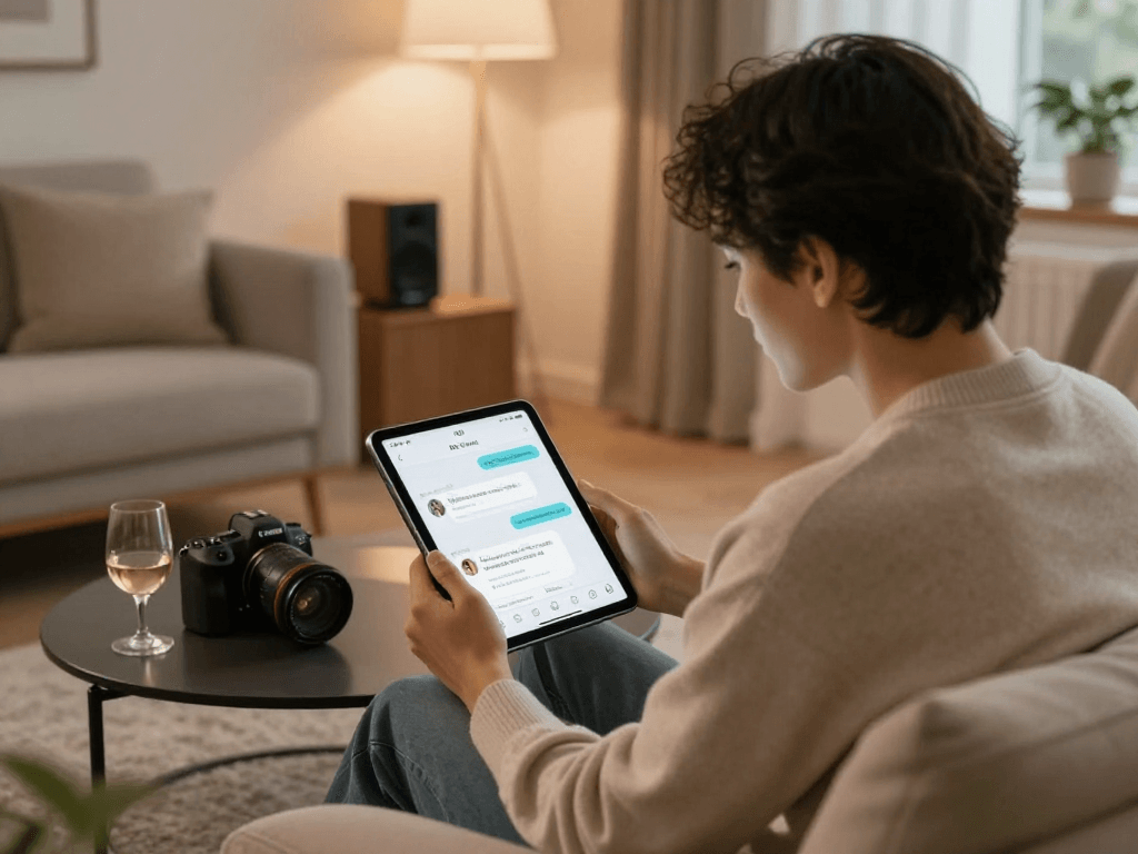 Engaging AI sex technology scene with a couple enjoying personalized interactions through a tablet in a cozy living room.