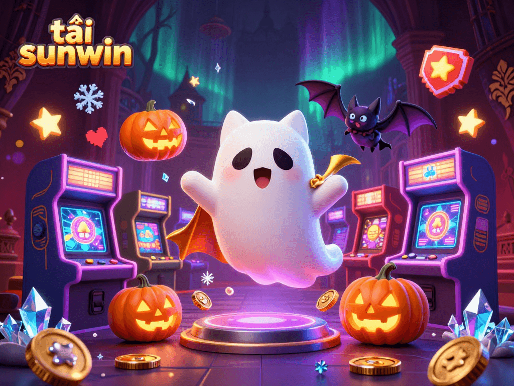 Engage with the haunted ambiance of tải sunwin featuring spooky characters and casino elements in a vibrant scene.