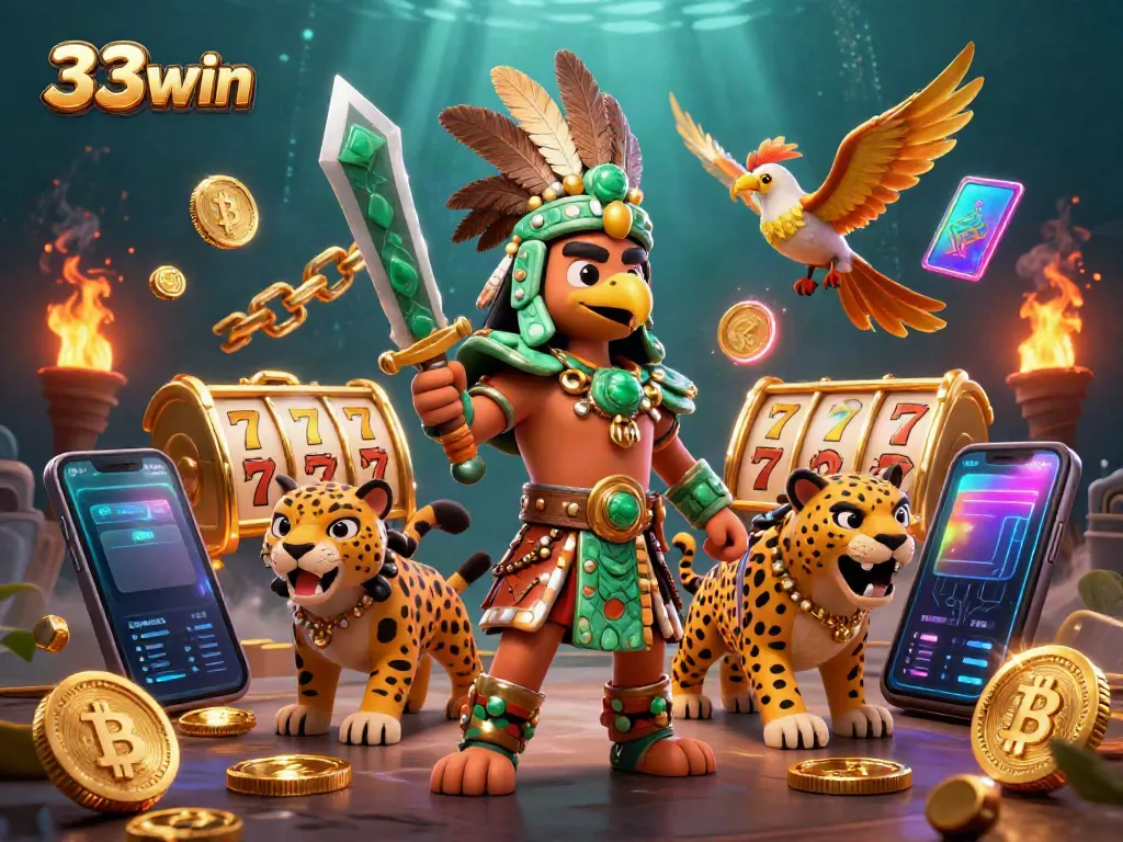 Experience a vibrant 33win casino scene with Aztec warriors surrounded by gold coins and slot reels.
