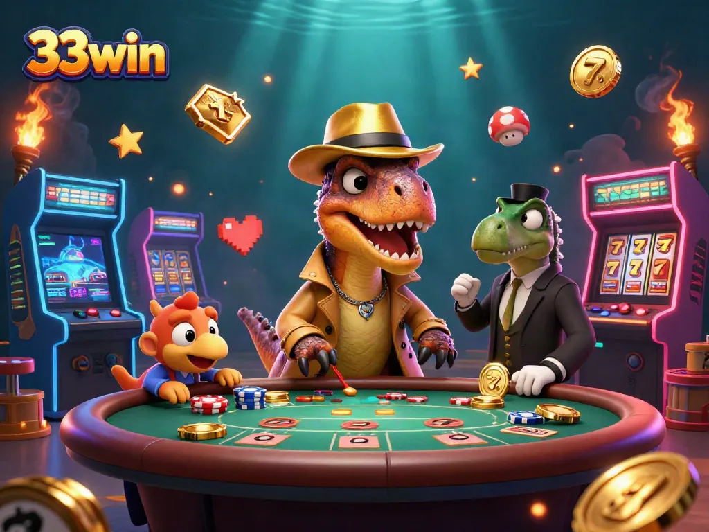 33win's thrilling casino scene features a velociraptor card counter and colorful gaming elements.