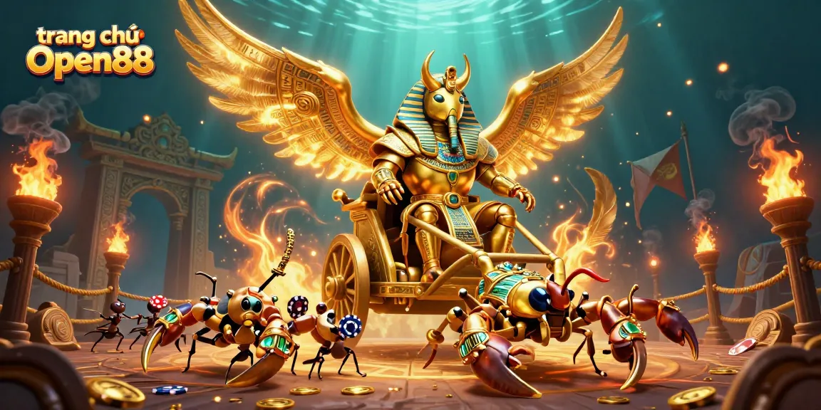 Experience thrilling gameplay with trang chủ Open88 and a majestic scarab beetle in an epic casino scene.