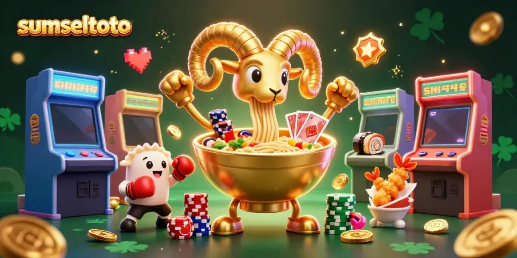 Sumseltoto showcases a vibrant 3D gambling scene filled with animated characters, casino games, and colorful elements.