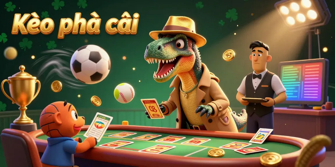 Experience Kèo nhà cái with a lively 3D illustration featuring a velociraptor at a sports betting table, surrounded by dynamic sports elements.