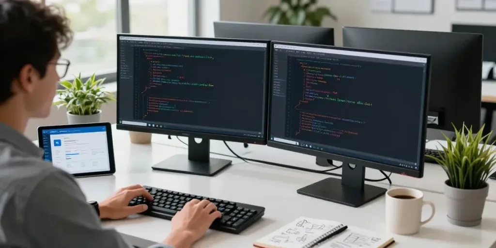 Workspace of a developer working to publish a SaaS article with coding screens and creative materials.