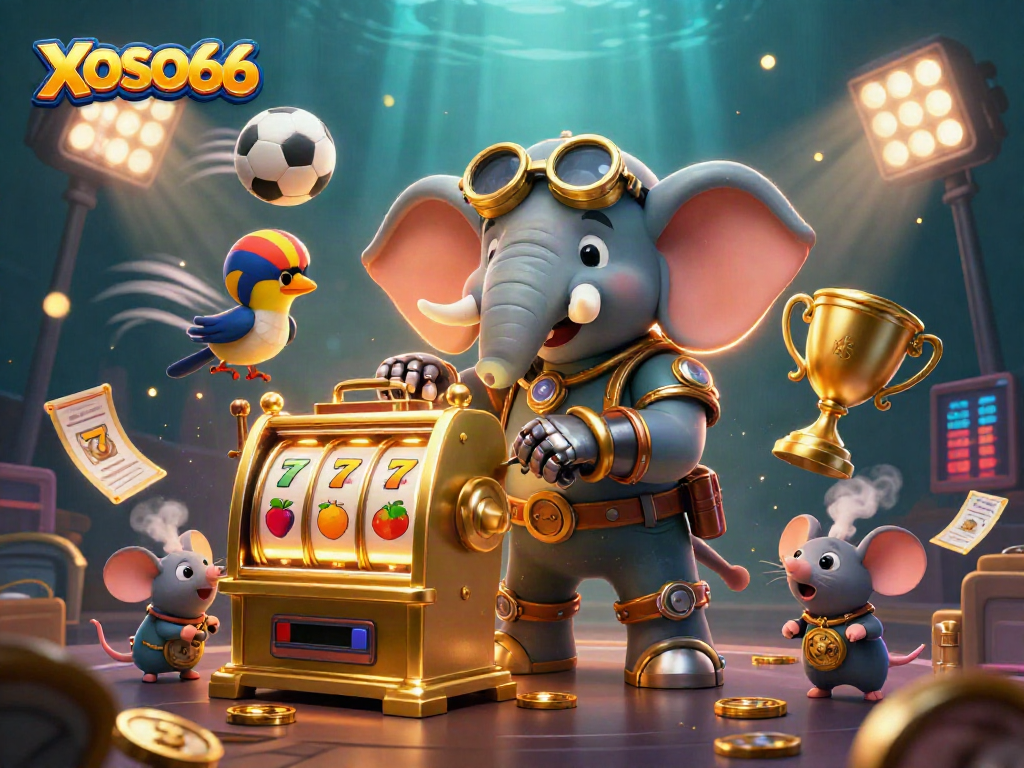 XOSO66 showcases a steampunk elephant operating a golden slot machine amidst dynamic gaming elements.