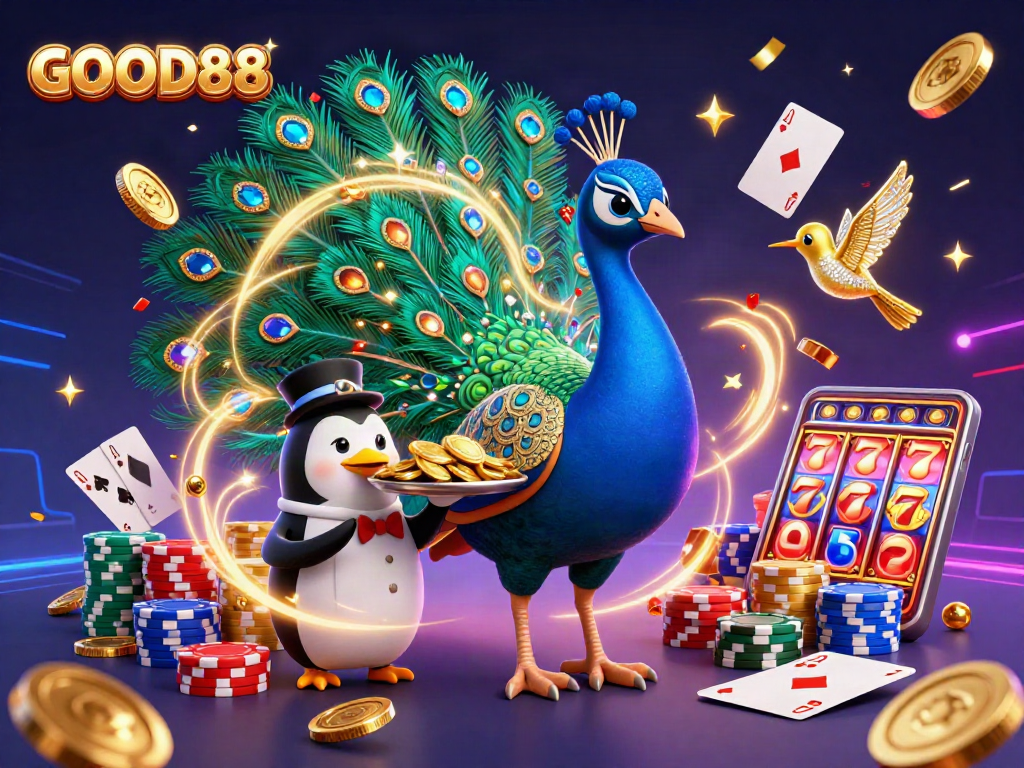 Play with GOOD88’s casino magic featuring aristocratic peacock, butler penguin, and golden hummingbird!