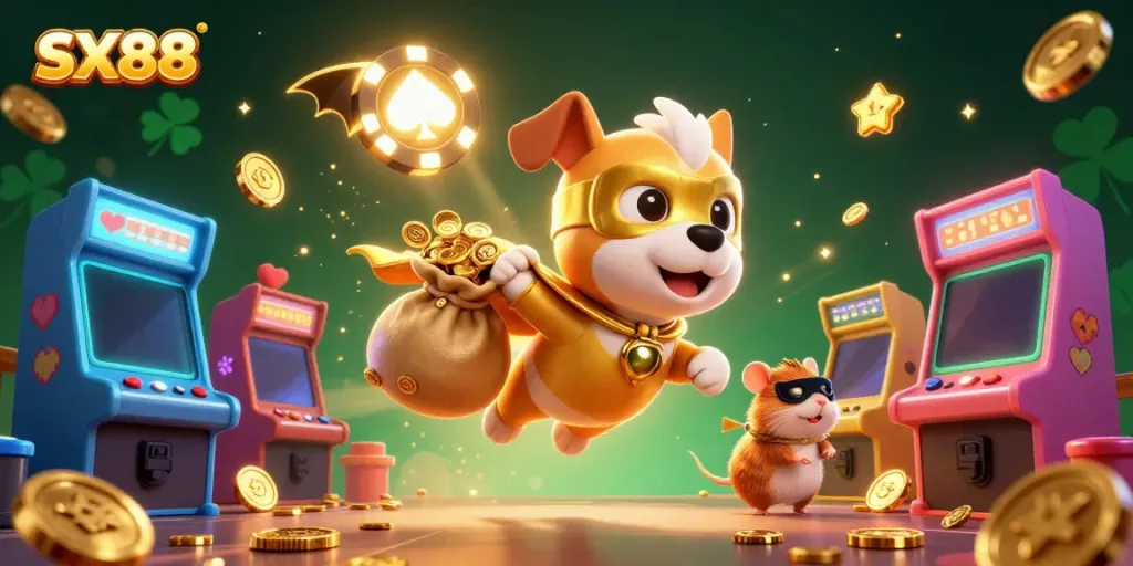 SX88-themed illustration showcasing a superhero dog and hamster amidst colorful casino elements and gold coins.