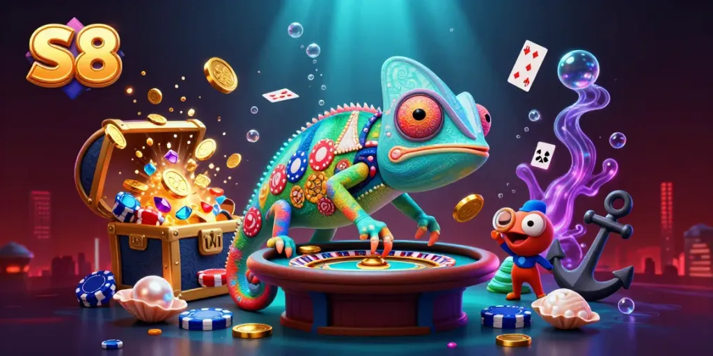 S8 casino scene with a colorful chameleon owner, dynamic gaming elements, and vibrant underwater effects.
