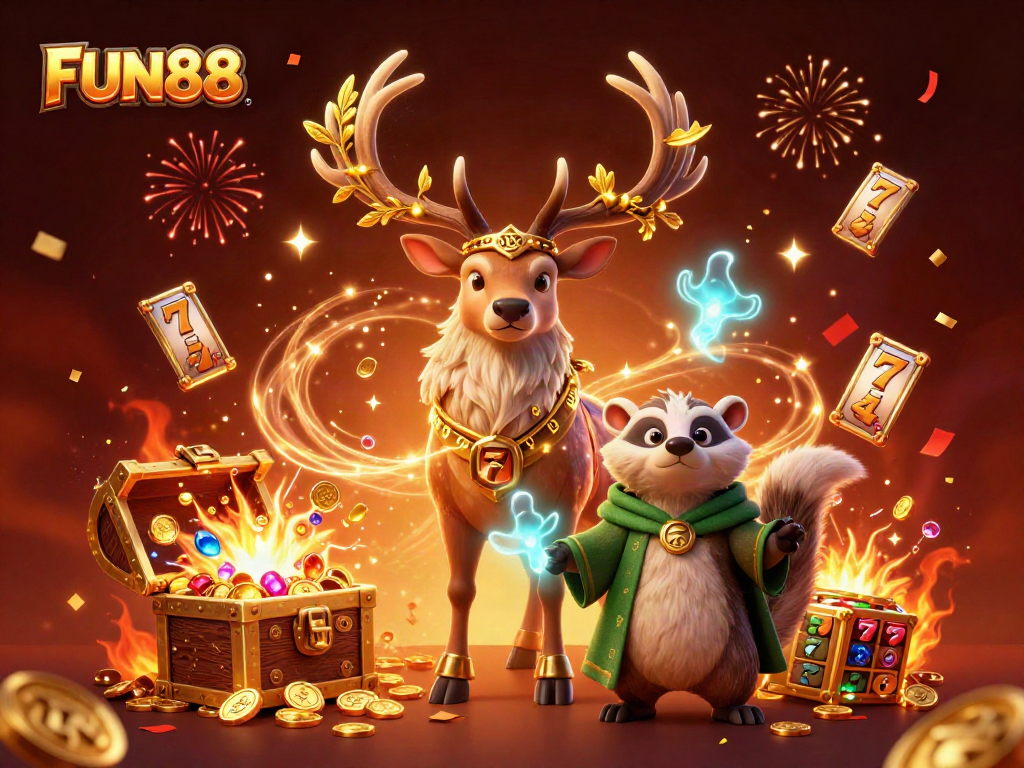 Join FUN88 for thrilling online casino action with vibrant characters and festive elements.