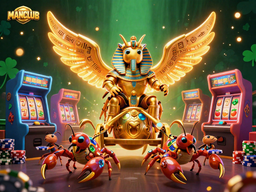 Engage in lively gaming experiences with MANCLUB's golden scarab beetle and vibrant casino elements.