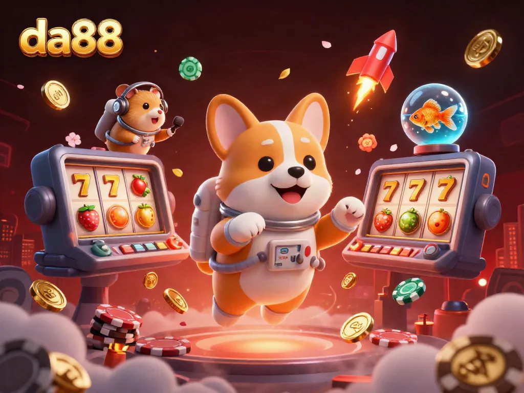 Experience thrilling gameplay at da88 with a floating astronaut corgi in a space casino surrounded by vibrant symbols.