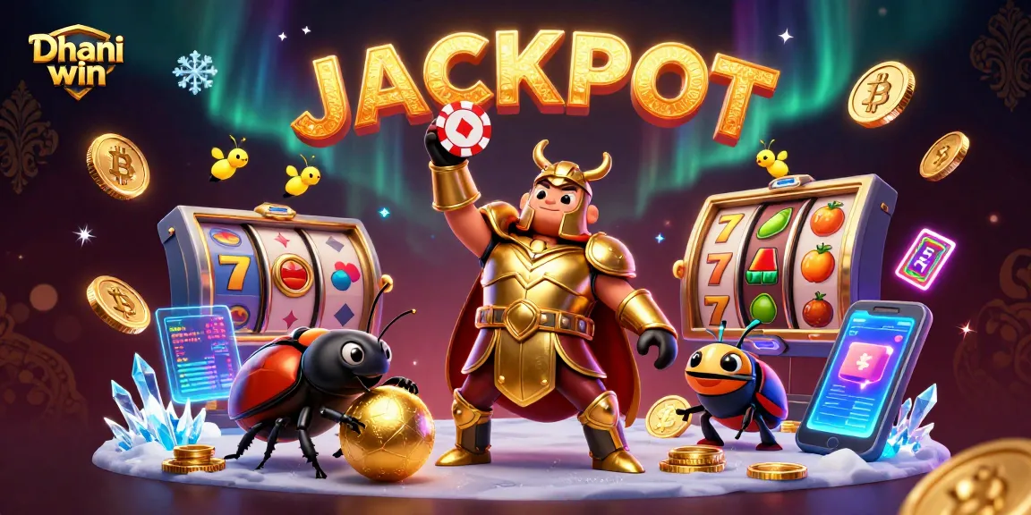 Dhani win illustrates an exciting victory scene with a cartoon beetle lifting a poker chip and glowing casino elements.