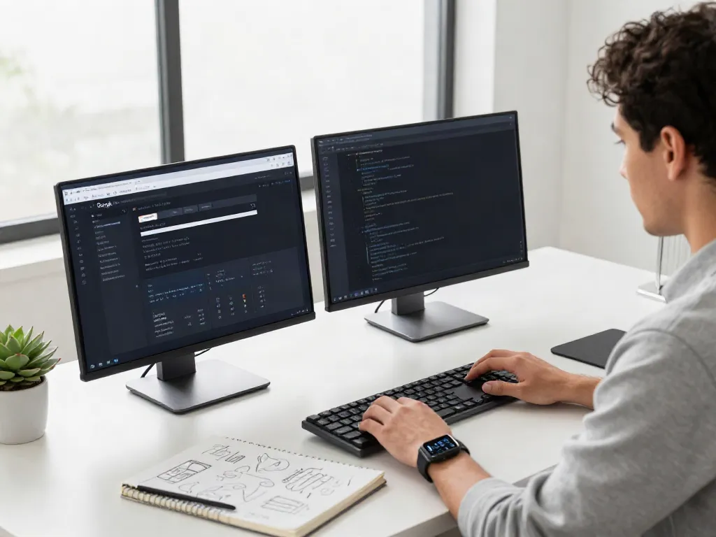 Developer showcasing instant indexing performance metrics on a sleek workspace monitor.