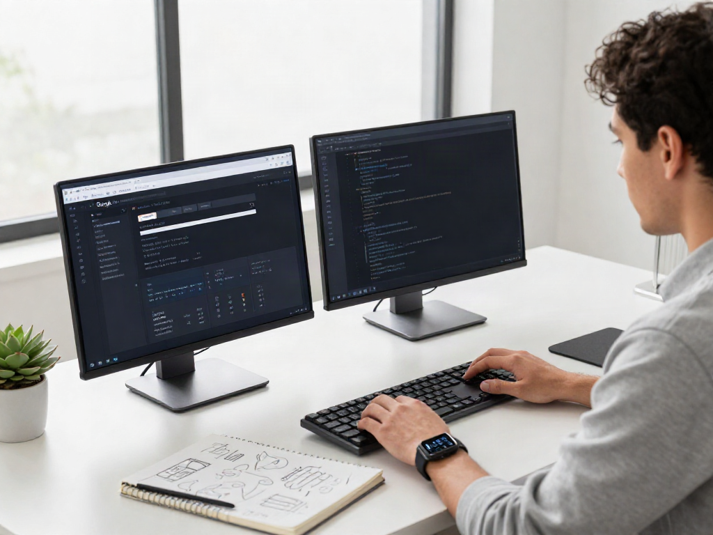 Developer showcasing instant indexing performance metrics on a sleek workspace monitor.