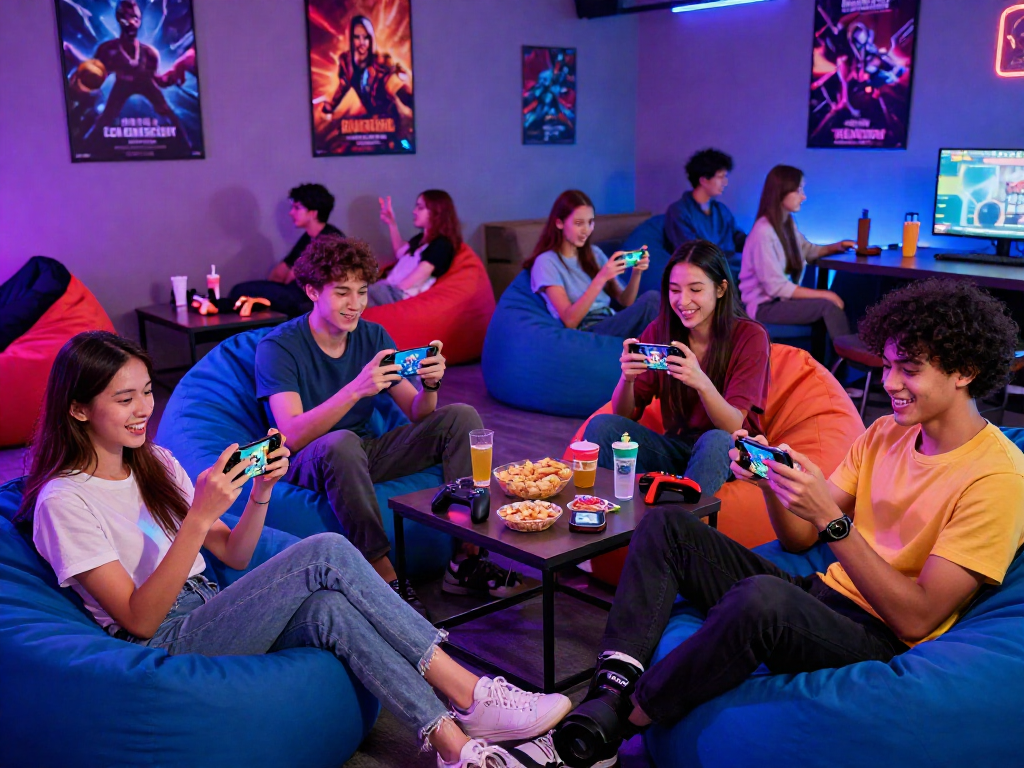 Group of friends playing a mobile porn game in a vibrant gaming lounge.