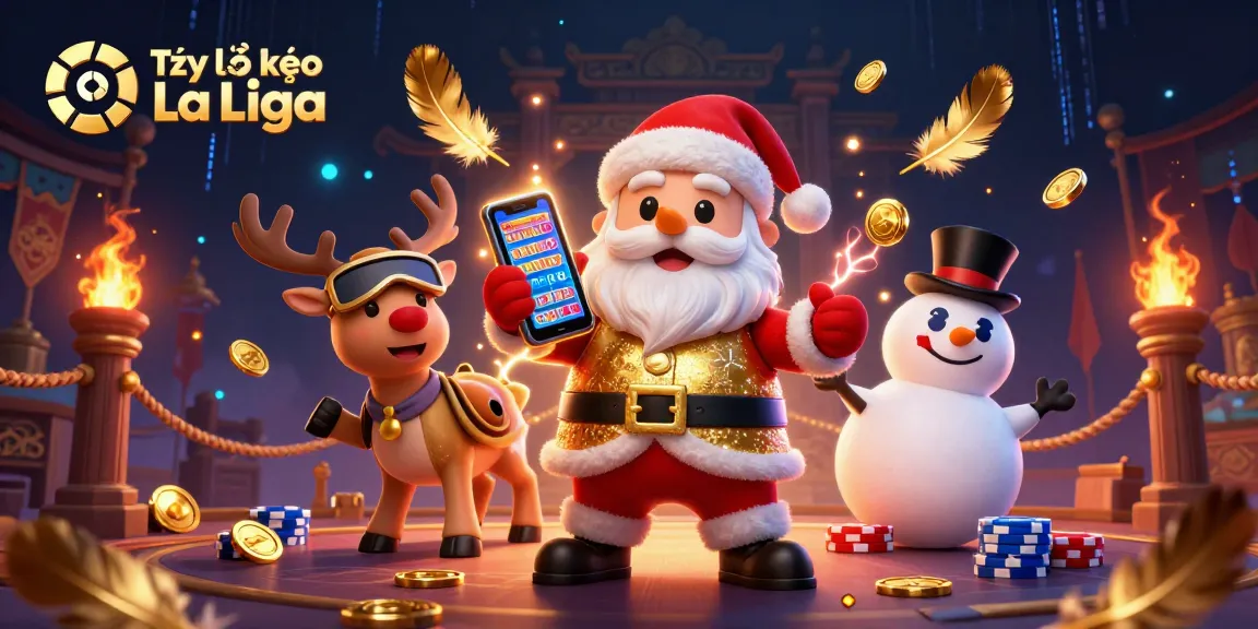 Tỷ lệ kèo La Liga illustrated with Santa, reindeer dealer, and poker chip snowman in a vibrant casino scene