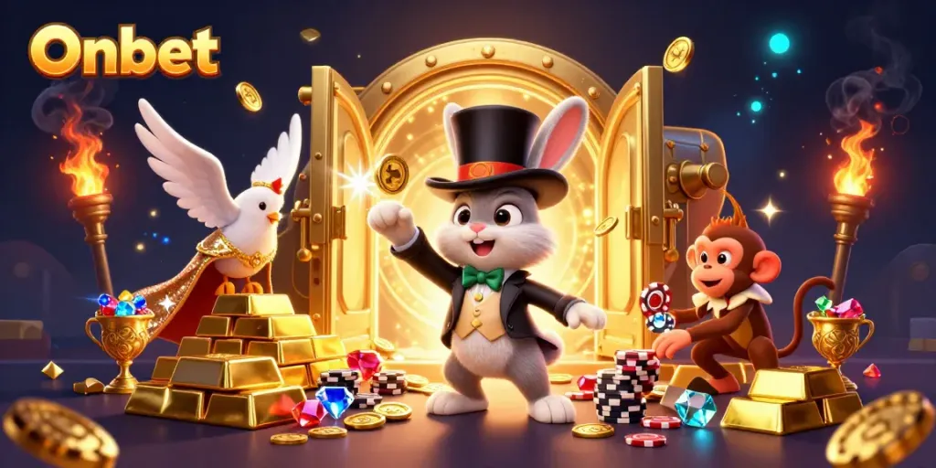 Onbet showcases a magician rabbit, dove, and monkey amidst vibrant casino elements, creating a thrilling scene.