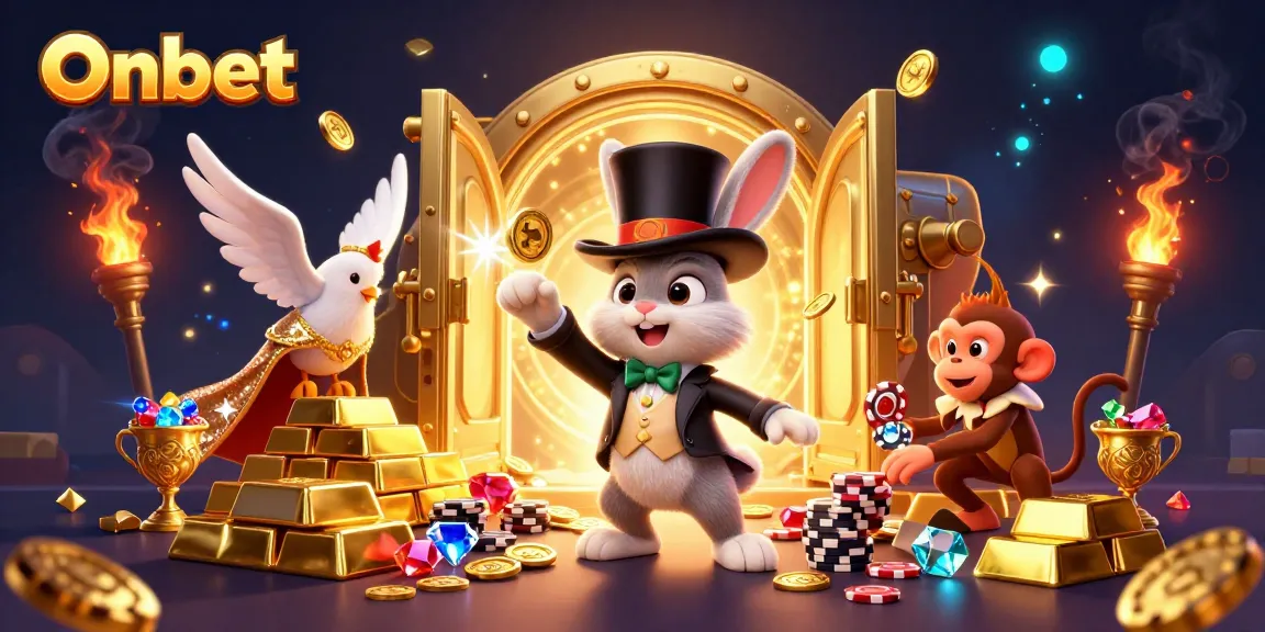 Onbet showcases a magician rabbit, dove, and monkey amidst vibrant casino elements, creating a thrilling scene.