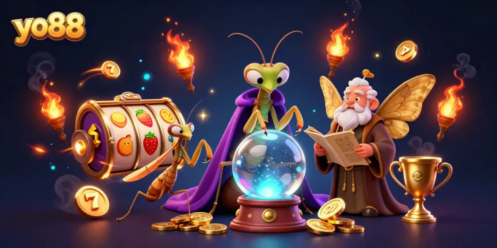 Experience thrilling gameplay at yo88 with vivid illustrations of slot machines, fortune tellers, and jackpots.