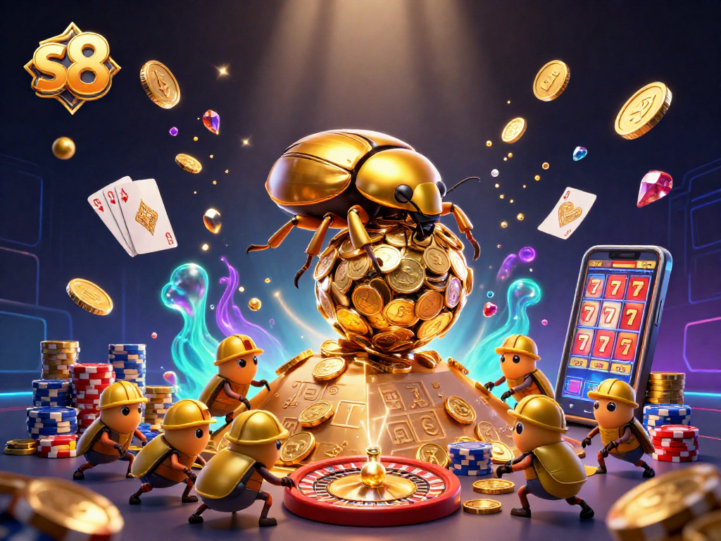 Experience thrilling gameplay with s8's dynamic casino scene featuring golden beetles and vibrant gaming elements.