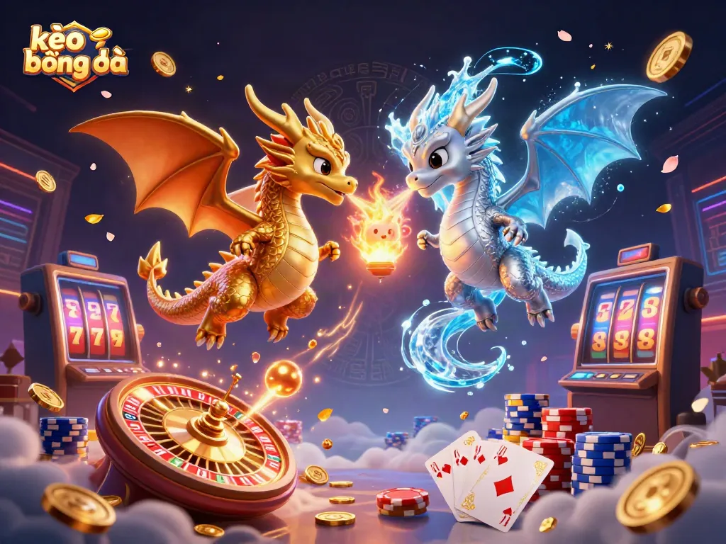 Engage in thrilling kèo bóng đá action with dual dragon forces represented amidst a vibrant casino environment.