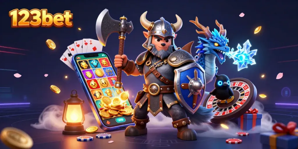 Engage in thrilling gameplay as 123bet brings excitement with a Viking wolf warrior, dragon, and casino elements.
