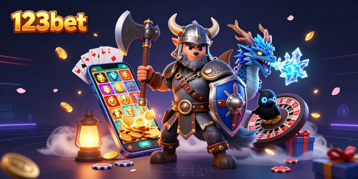 Engage in thrilling gameplay as 123bet brings excitement with a Viking wolf warrior, dragon, and casino elements.