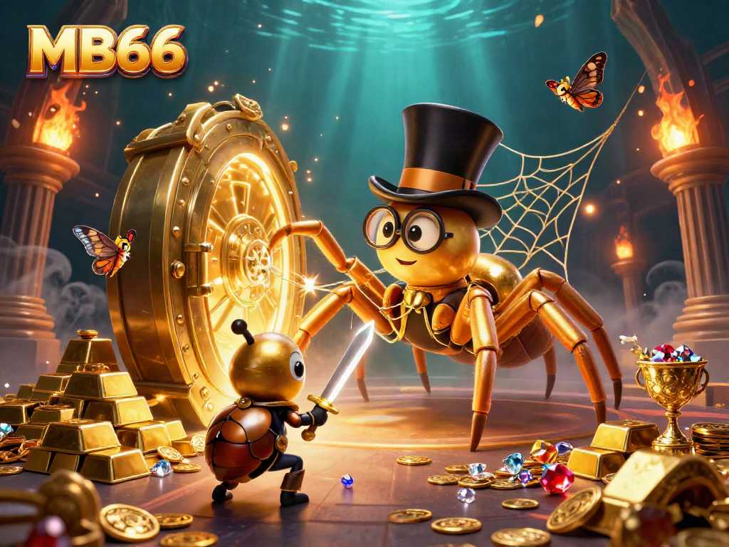 MB66 shows a giant golden tarantula and a brave beetle knight in a vibrant casino scene filled with treasures.