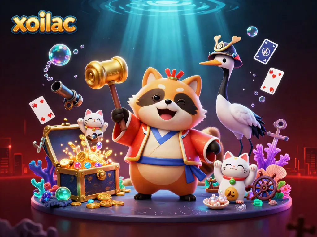 Xoilac engages users with a vibrant online gambling experience featuring colorful tanuki and fortune cats.
