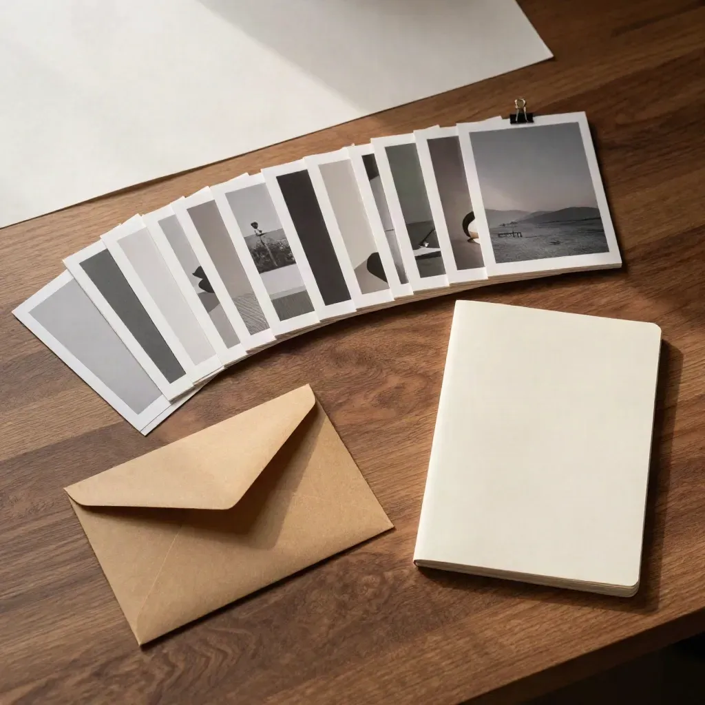Top-down campaign flat lay with tabbed cards, image selects, envelopes, and a face-down notepad.