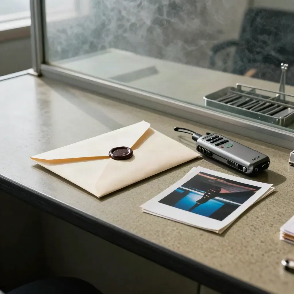 PR support desk with press-kit envelope, recorder, clipping stacks and contact sheet in smoky light