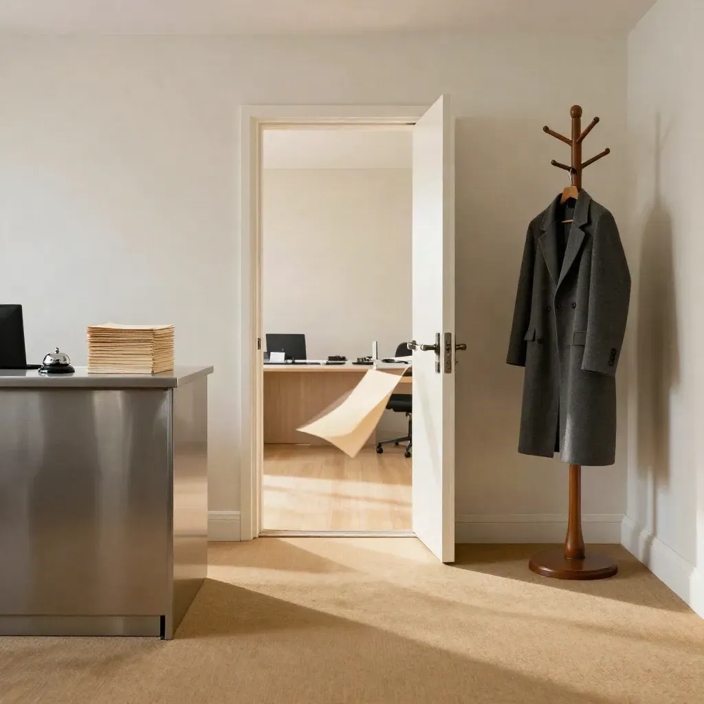 Tidy reception with folders, desk bell, coat stand and open doorway in soft daylight.