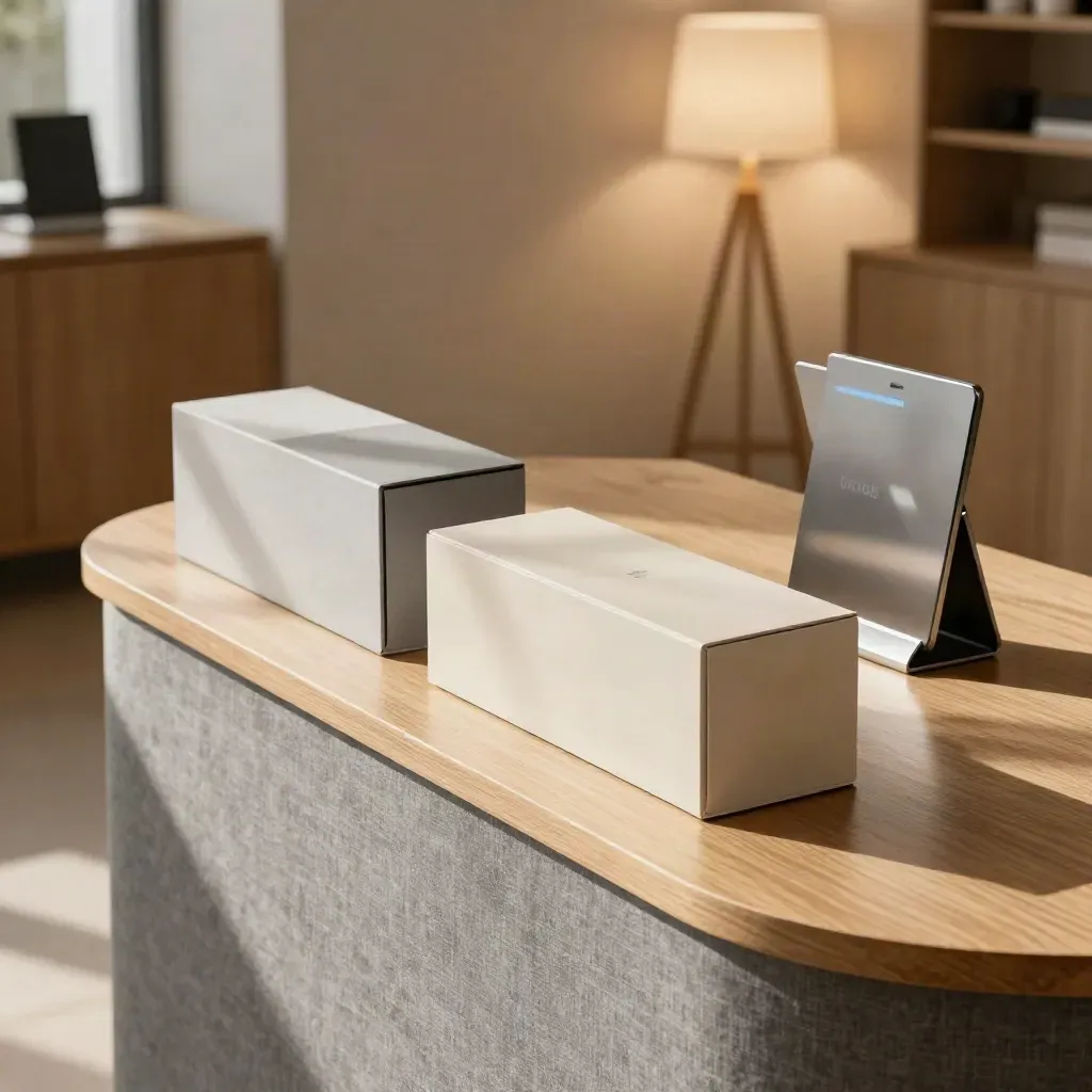 Startup demo counter with sample units, sealed launch boxes, and a turned-away tablet