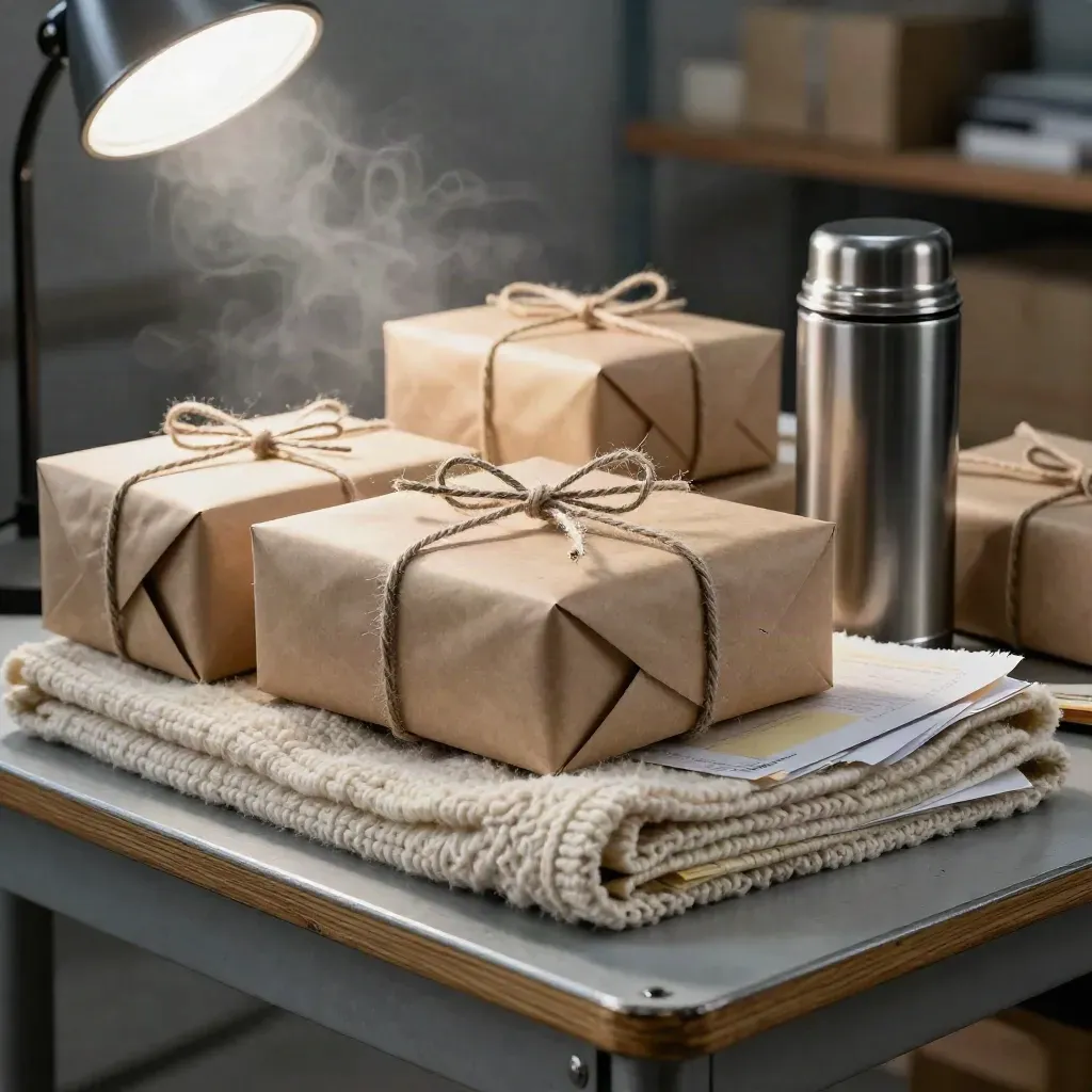 Kraft parcels, wool blankets, and sealed dispatch bundles on a pewter packing bench in cold lamp light.
