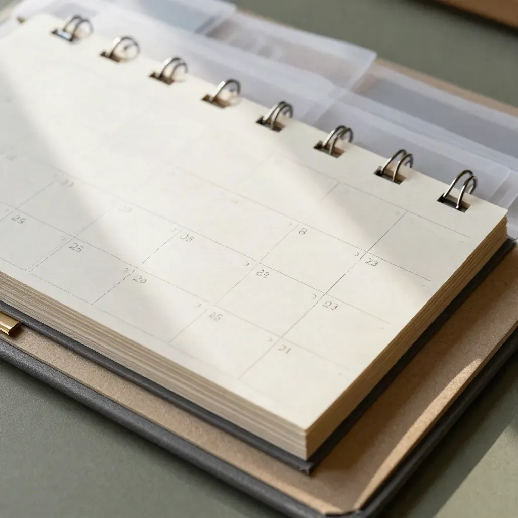 Top-down paper calendar with tabs, binder clips and envelope sleeves on a linen board.
