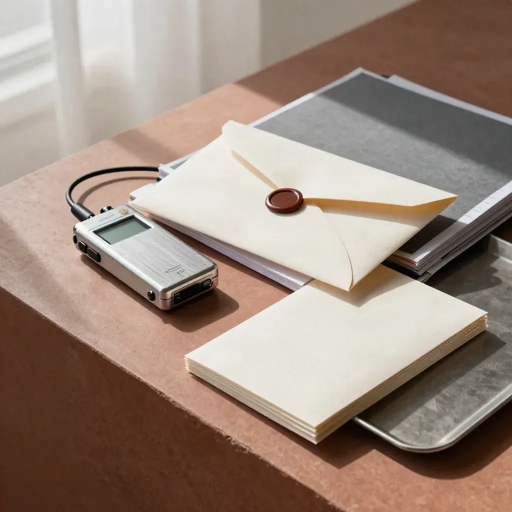PR kit with recorder, press envelope, binder and clipping sleeve on a terracotta ledge