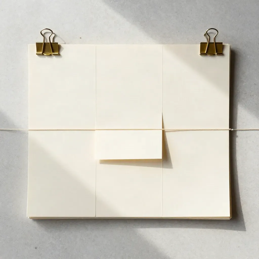 Overhead flatlay of blank cards, brass clips and thread on pale stone