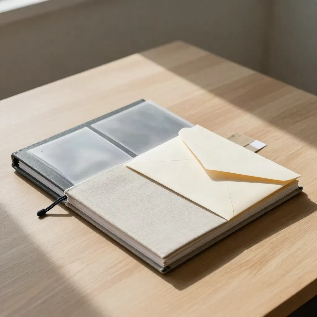 Folio, cord, archival sleeves and sealed envelope on pale oak with soft side light.