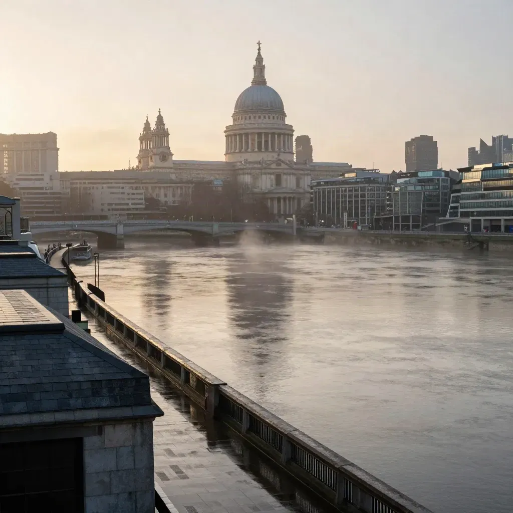 St Paul’s dome above the Thames at dawn with mist and warm light