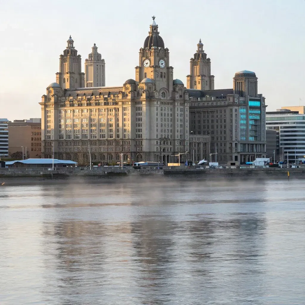 Liverpool waterfront at sunset with the Three Graces above calm Mersey haze