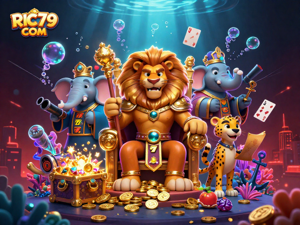 Play slots with RIC79 COM in a vibrant scene featuring a lion king, elephant, and cheetah amidst rich casino symbols.