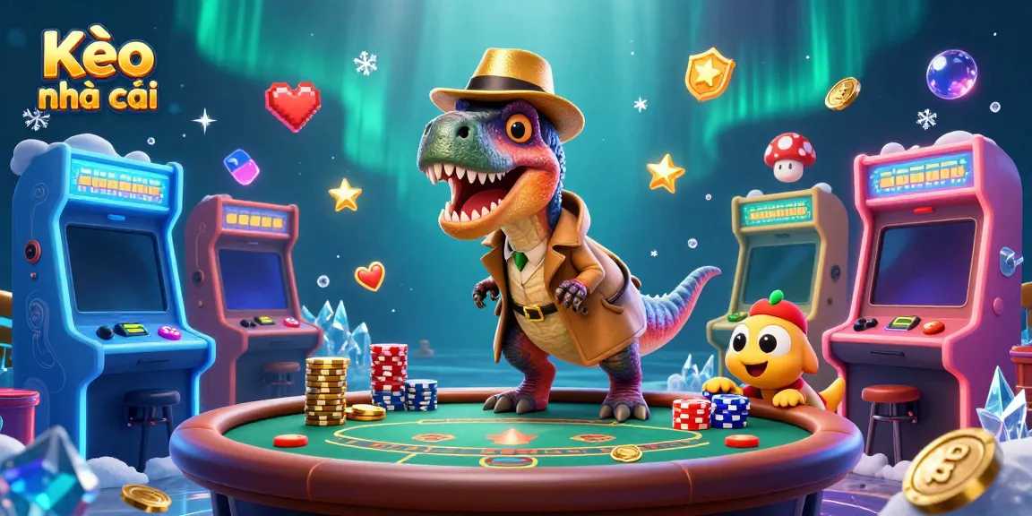 Kèo nhà cái engaging scene with a velociraptor card counter, stegosaurus pit boss, and a compy pickpocket in a lively casino atmosphere.