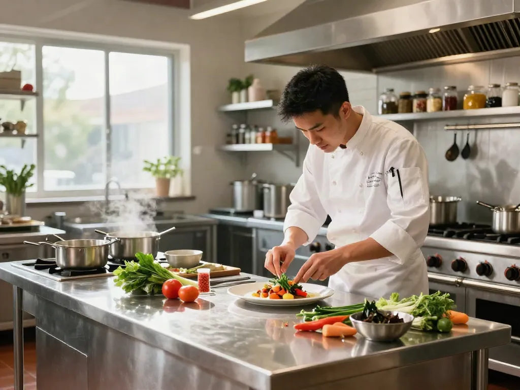 Stainless Steel Kitchen Tables in a busy commercial kitchen with chefs preparing fresh dishes.